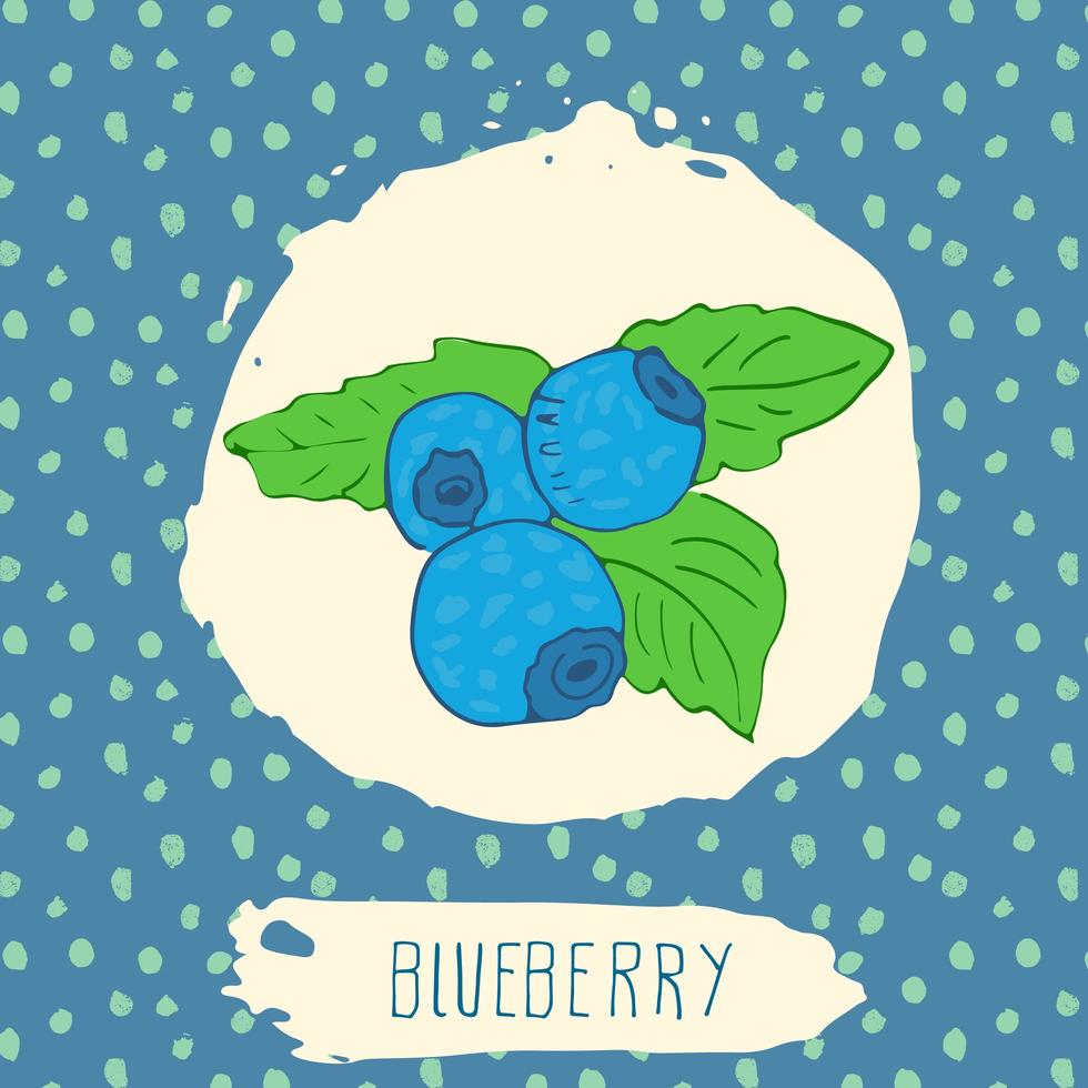 mirtillo disegnato a mano di frutta abbozzato con foglia su sfondo blu con motivo a punti. doodle vettore mirtillo per logo, etichetta, identità del marchio