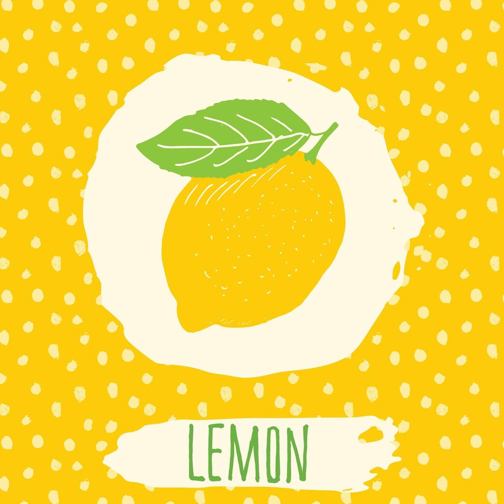 frutta abbozzata disegnata a mano di limone con foglia su sfondo giallo con motivo a punti. doodle vector limone per logo, etichetta, identità del marchio