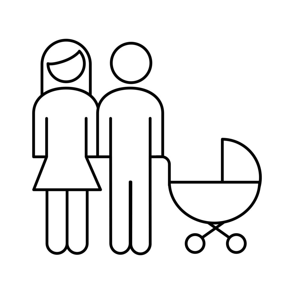 coppia di genitori di famiglia con icona di stile di linea di figure di carrello per bambini vettore