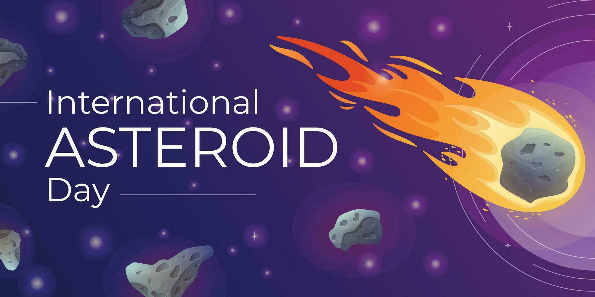 internazionale mondo giugno vacanza asteroide giorno. vettore cartone animato spazio bandiera con meteoriti e stelle.