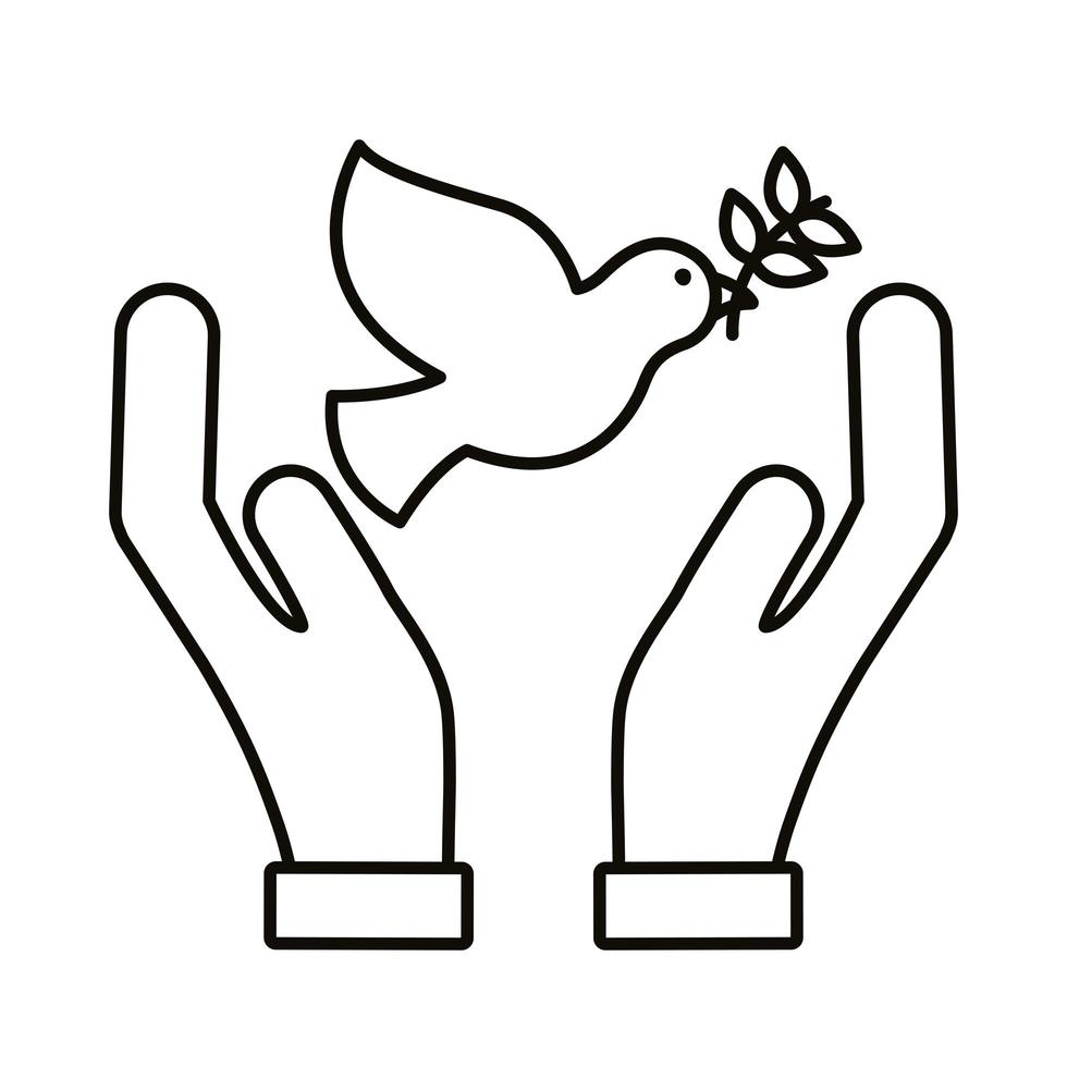 mani che proteggono la colomba della pace con rami di ulivo icona stile linea di volo vettore