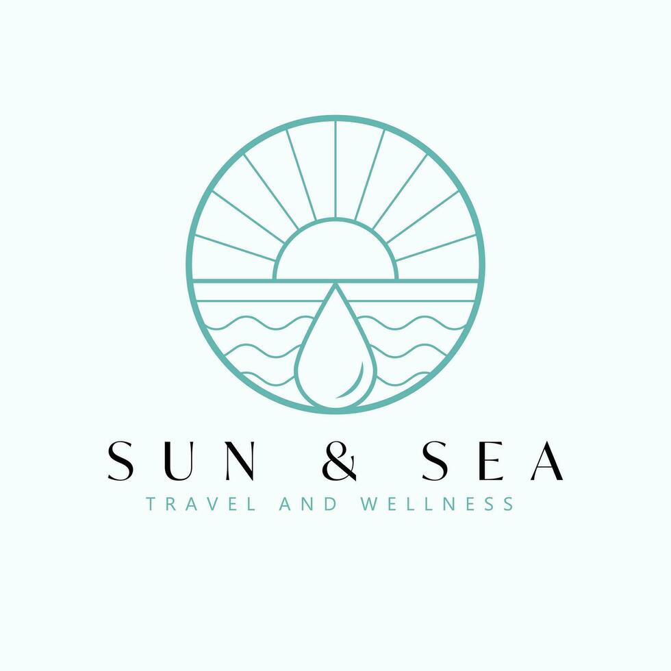 sole e mare vettore logo design. tramonto o Alba e oceano logotipo. tropicale viaggio logo modello.