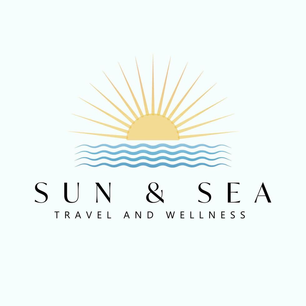 sole e mare vettore logo design. tramonto o Alba e oceano logotipo. tropicale viaggio logo modello.
