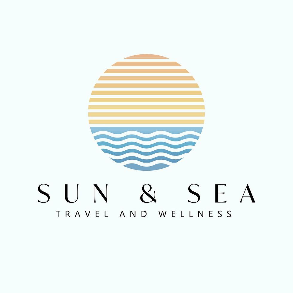 sole e mare vettore logo design. tramonto o Alba e oceano logotipo. tropicale viaggio logo modello.