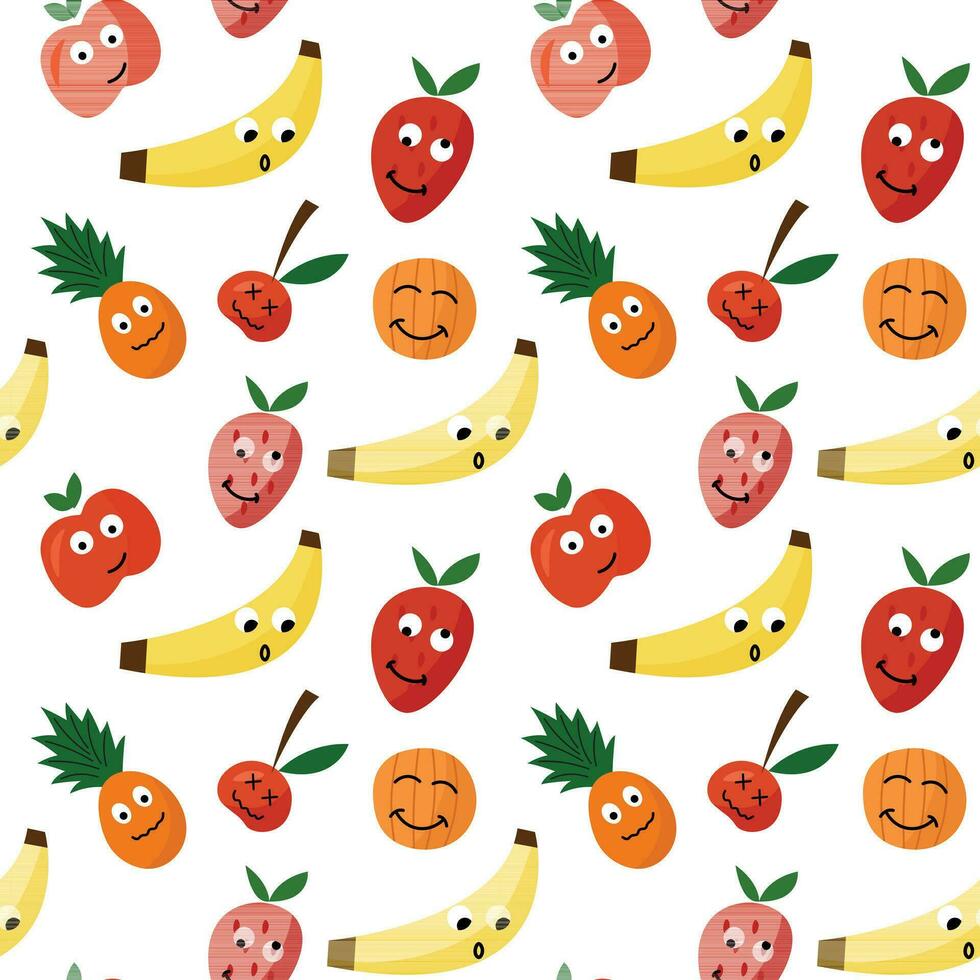 pazzo frutta facce colorato senza soluzione di continuità modello. cartone animato succoso divertente illustrazioni per Stampa. vettore