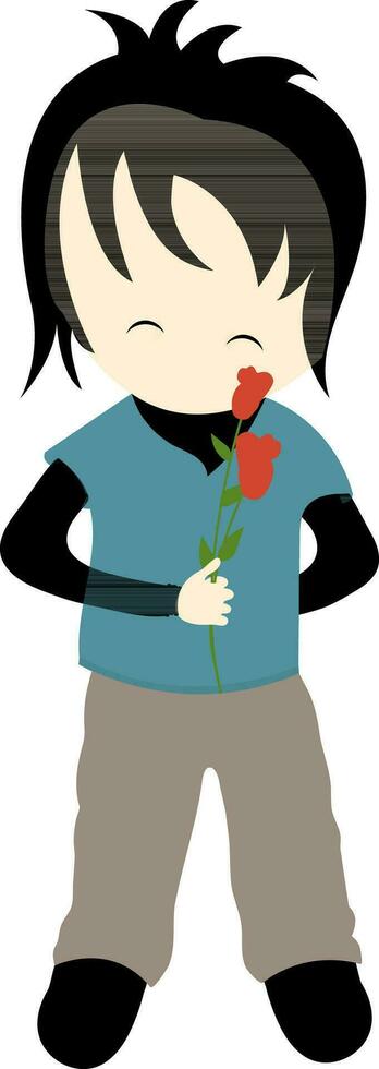 cartone animato personaggio di un' ragazzo Tenere rosa fiore. vettore