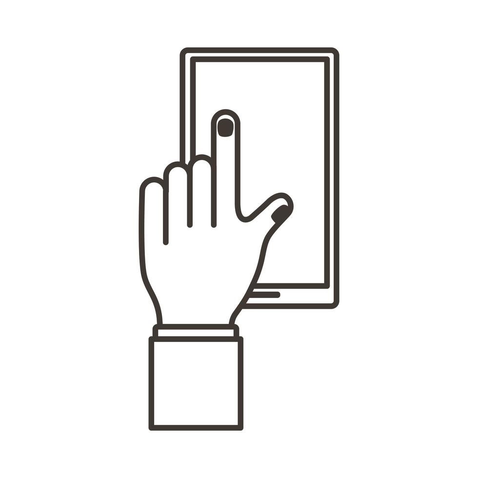 mano femminile che tocca l'icona di stile della linea del display dello smartphone vettore