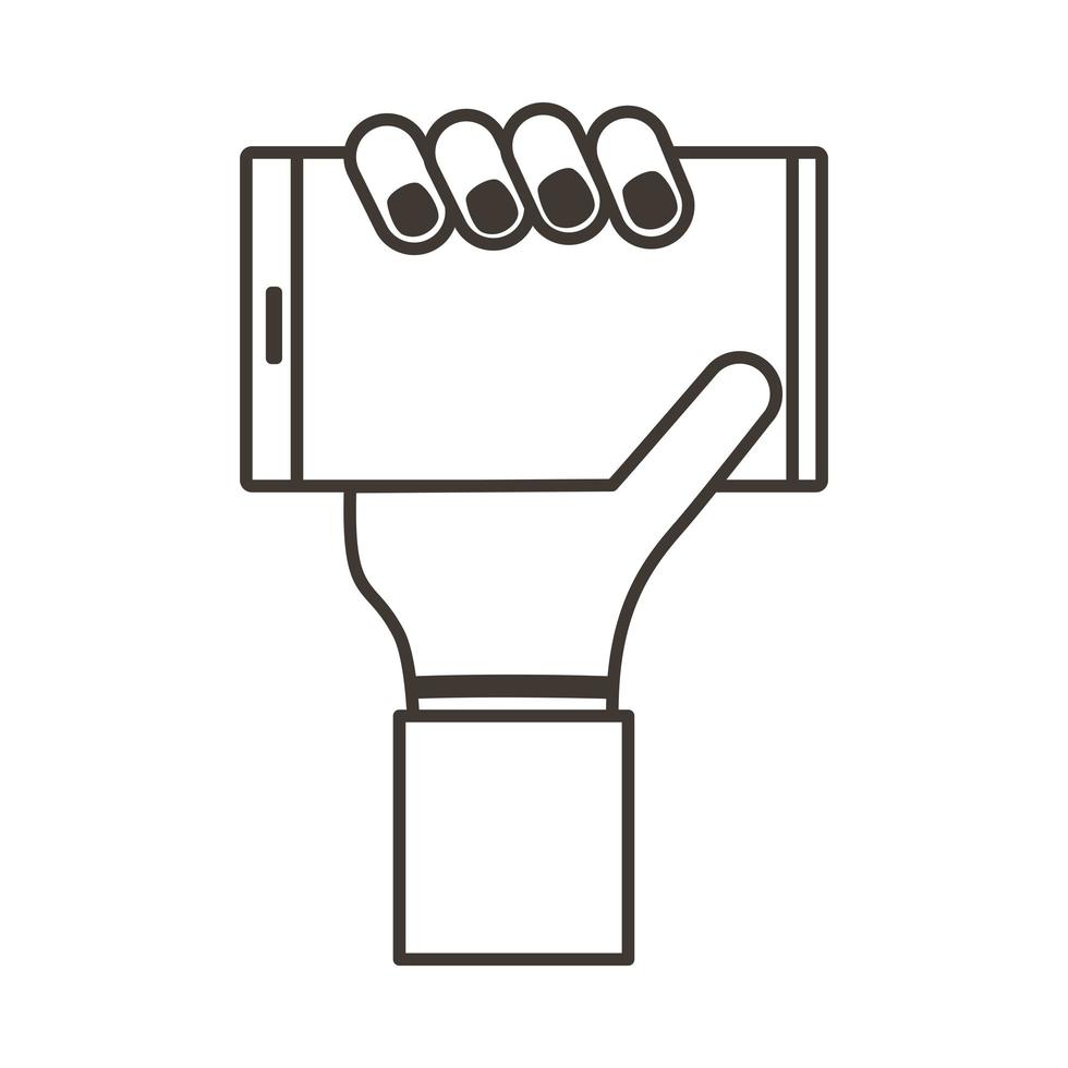 icona di stile di linea orizzontale dello smartphone di sollevamento della mano vettore