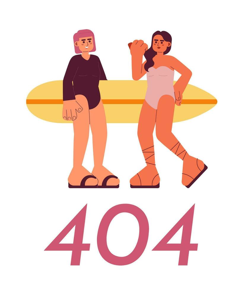 giovane surfer ragazze con tavola da surf su spiaggia errore 404 veloce Messaggio. amiche divertimento. vuoto stato ui design. pagina non trovato apparire cartone animato Immagine. vettore piatto illustrazione concetto su bianca sfondo