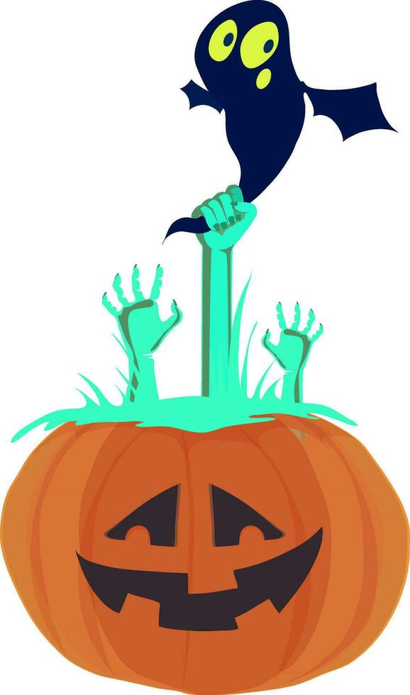 Halloween zucca con zombie mani e pipistrello. vettore