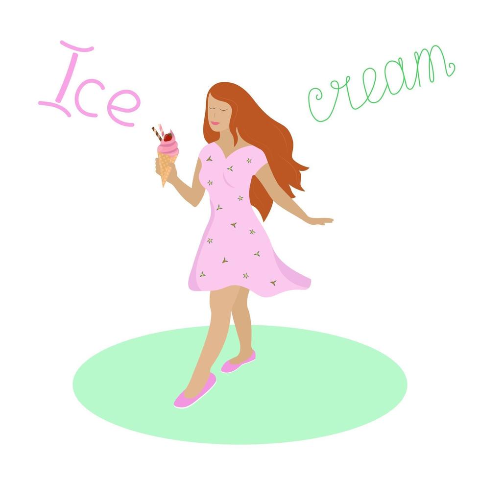 donna e gelato giovane ragazza in abito estivo sta camminando e tenendo il gelato alla fragola in mano iscrizione su sfondo bianco illustrazione piatta vettoriale