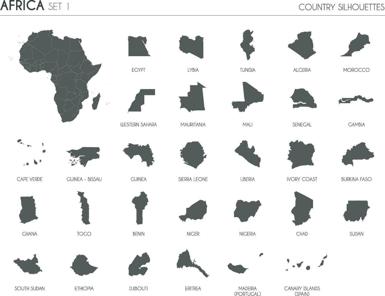 impostato di 30 alto dettagliato silhouette mappe di africano paesi e territori, e carta geografica di Africa vettore illustrazione.