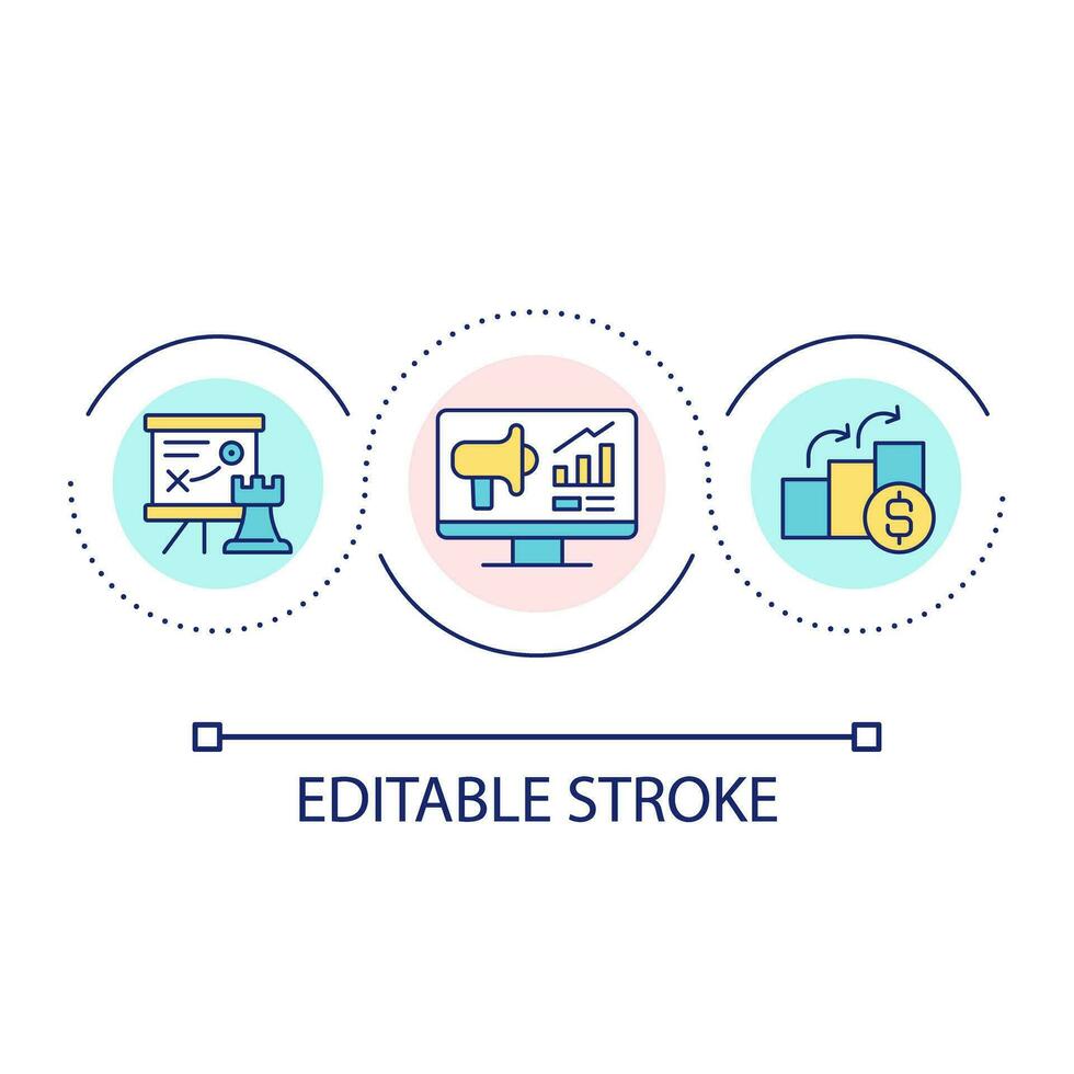 Internet pubblicità strategia ciclo continuo concetto icona. aumentare azienda profitto. in linea i saldi astratto idea magro linea illustrazione. isolato schema disegno. modificabile ictus vettore