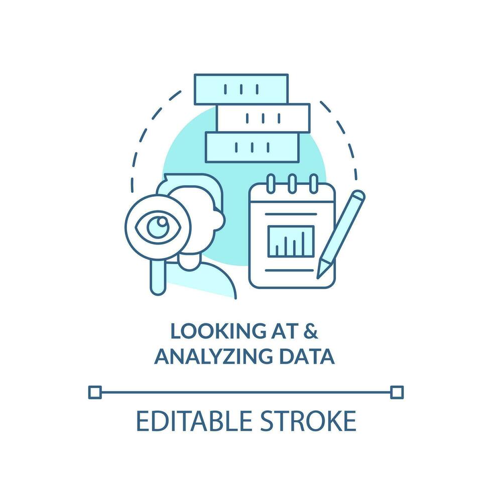 guardare a e analizzando dati turchese concetto icona. analitica abilità astratto idea magro linea illustrazione. isolato schema disegno. modificabile ictus vettore