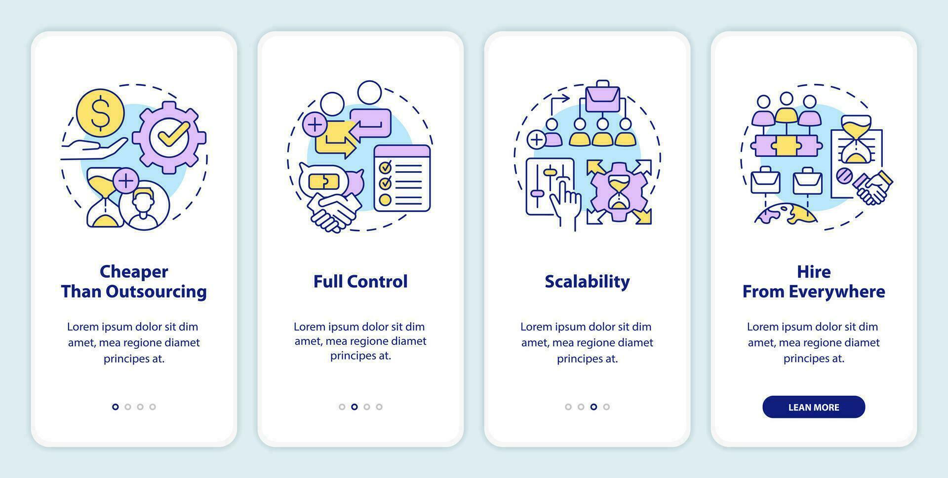 personale esterno vantaggi onboarding mobile App schermo. a buon mercato opzione Procedura dettagliata 4 passaggi modificabile grafico Istruzioni con lineare concetti. ui, ux, gui modello vettore