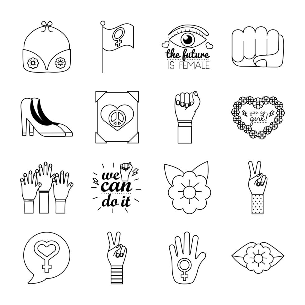 pacchetto di sedici icone di stile di linea di femminismo vettore