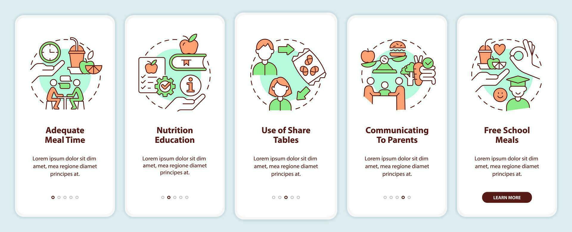 scuola nutrizione per meglio mentale Salute onboarding mobile App schermo. Procedura dettagliata 5 passaggi modificabile grafico istruzione con lineare concetti. ui, ux, gui modello vettore