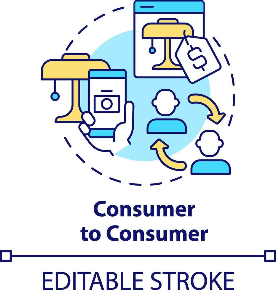 consumatore per consumatore concetto icona. i saldi attraverso Internet mercato. attività commerciale modello astratto idea magro linea illustrazione. isolato schema disegno. modificabile ictus vettore