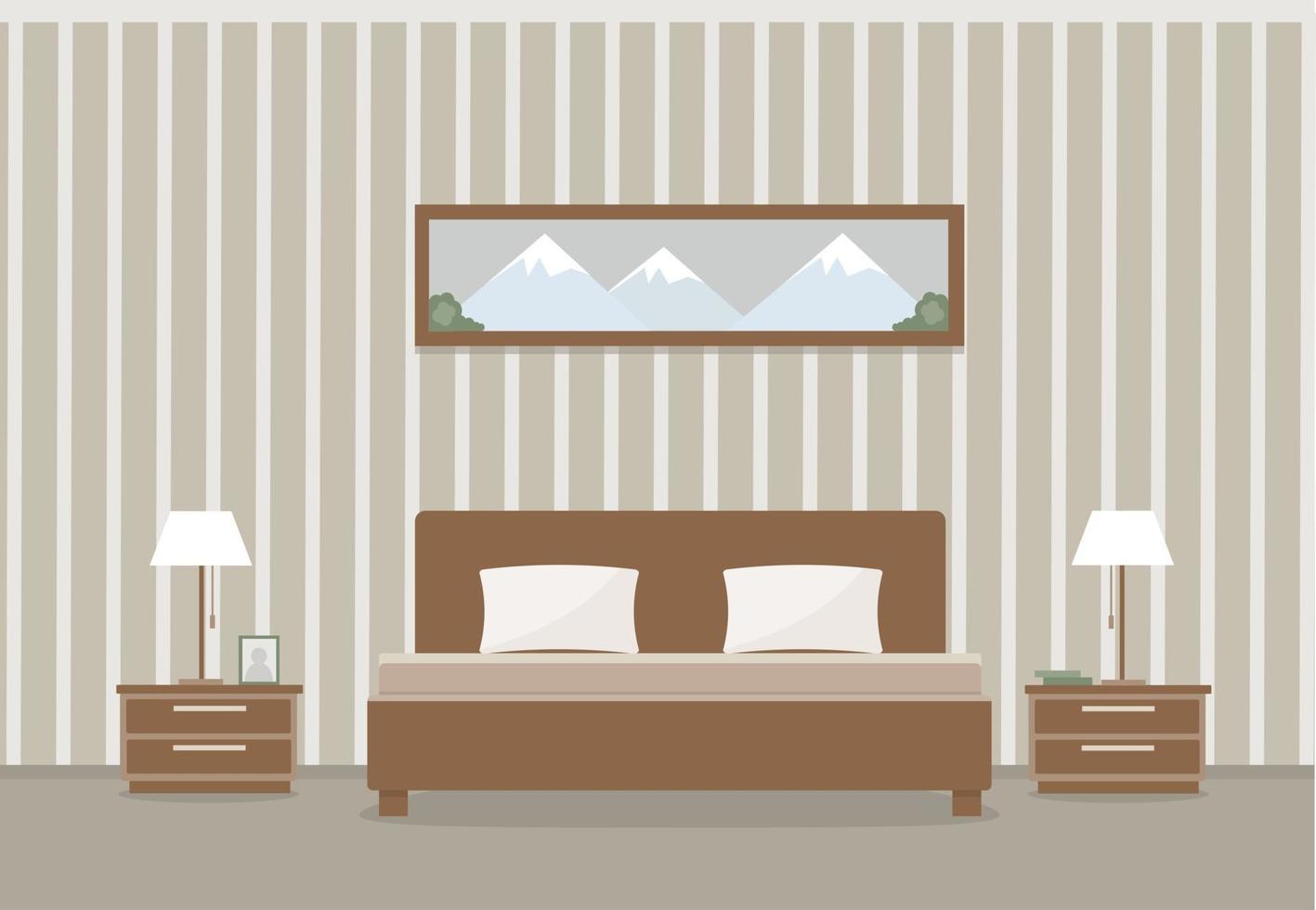 interno leggero della camera da letto con il modello di progettazione dell'illustrazione di vettore di stile piano dei tavoli del letto matrimoniale