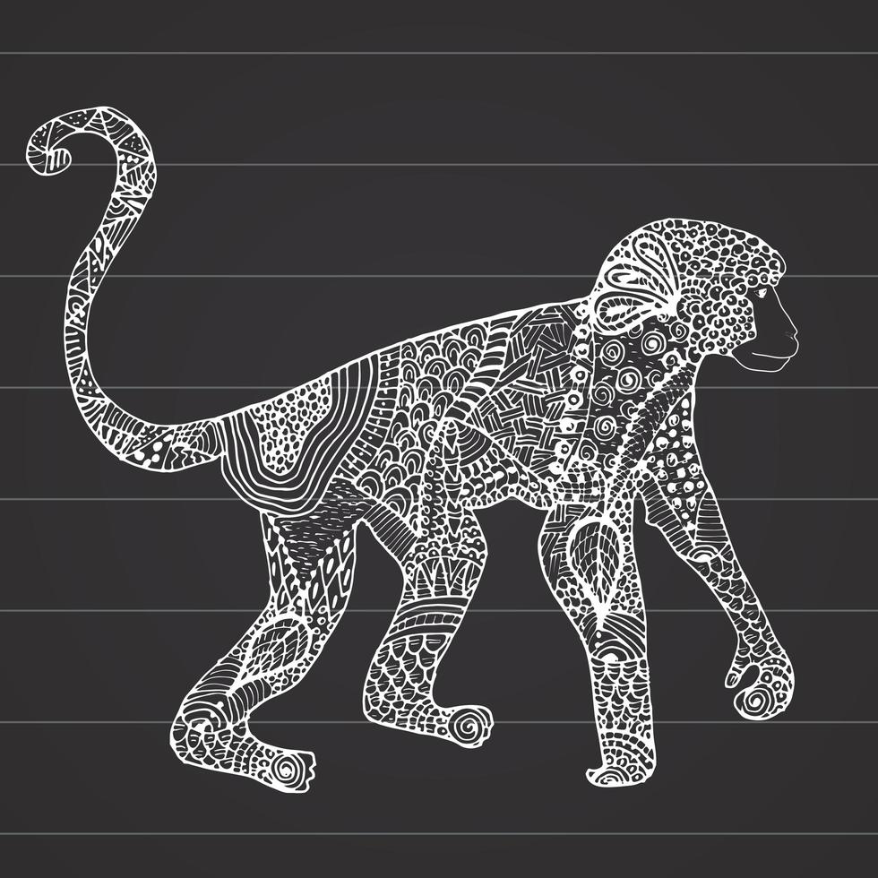 schizzo disegnato a mano ornamentale di illustrazione vettoriale scimmia con ornamento sulla lavagna