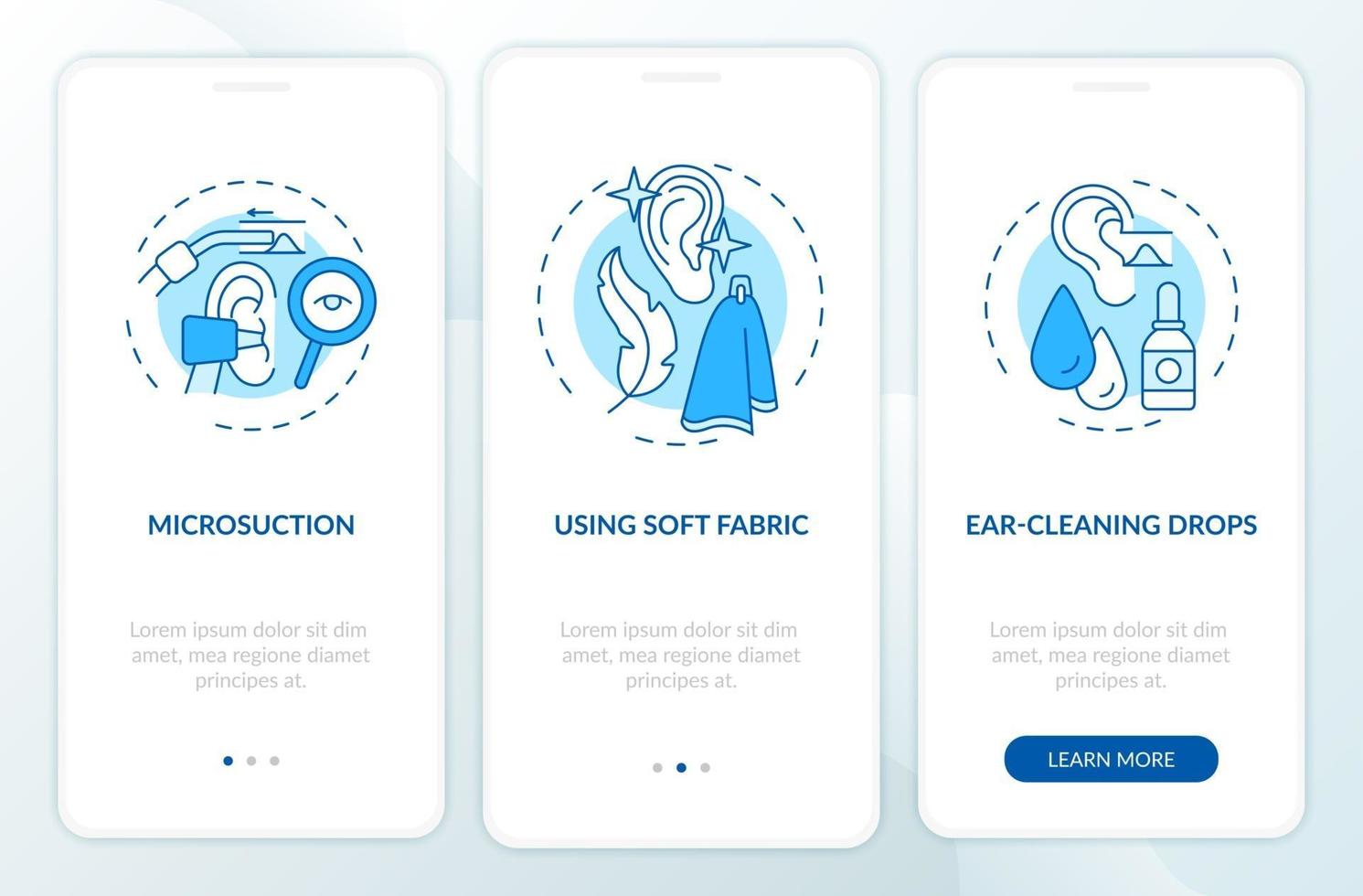 pratica di igiene dell'orecchio onboarding schermata della pagina dell'app mobile con concetti vettore