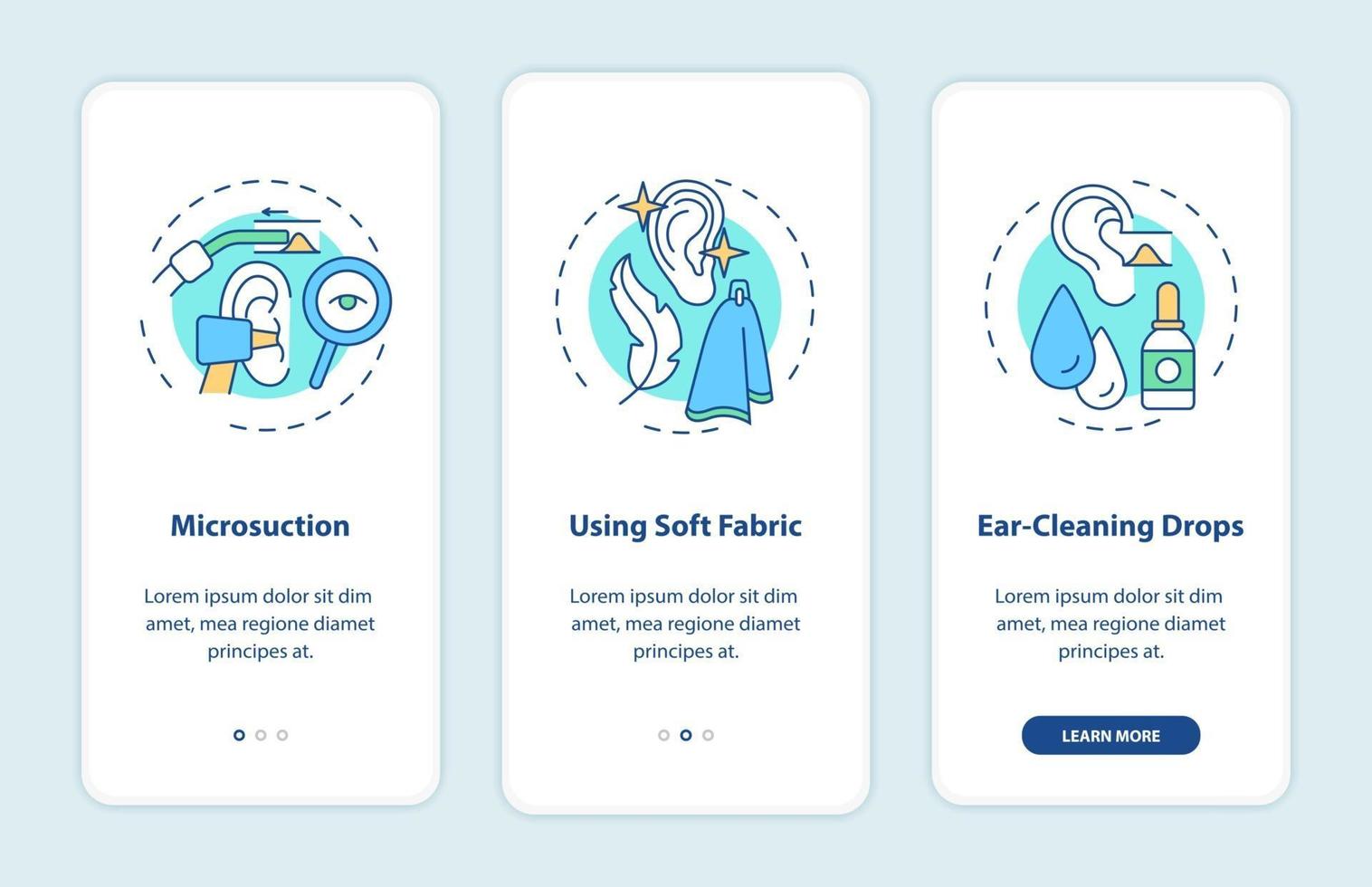 metodi di igiene dell'orecchio onboarding schermata della pagina dell'app mobile con concetti vettore
