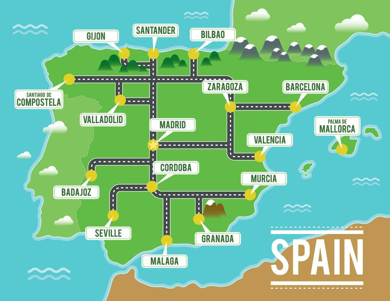 cartone animato vettore carta geografica di Spagna. viaggio illustrazione con spagnolo principale città.