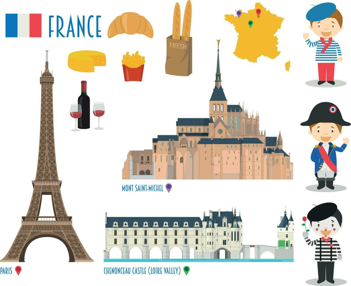 Francia piatto icona impostato viaggio e turismo concetto. vettore illustrazione