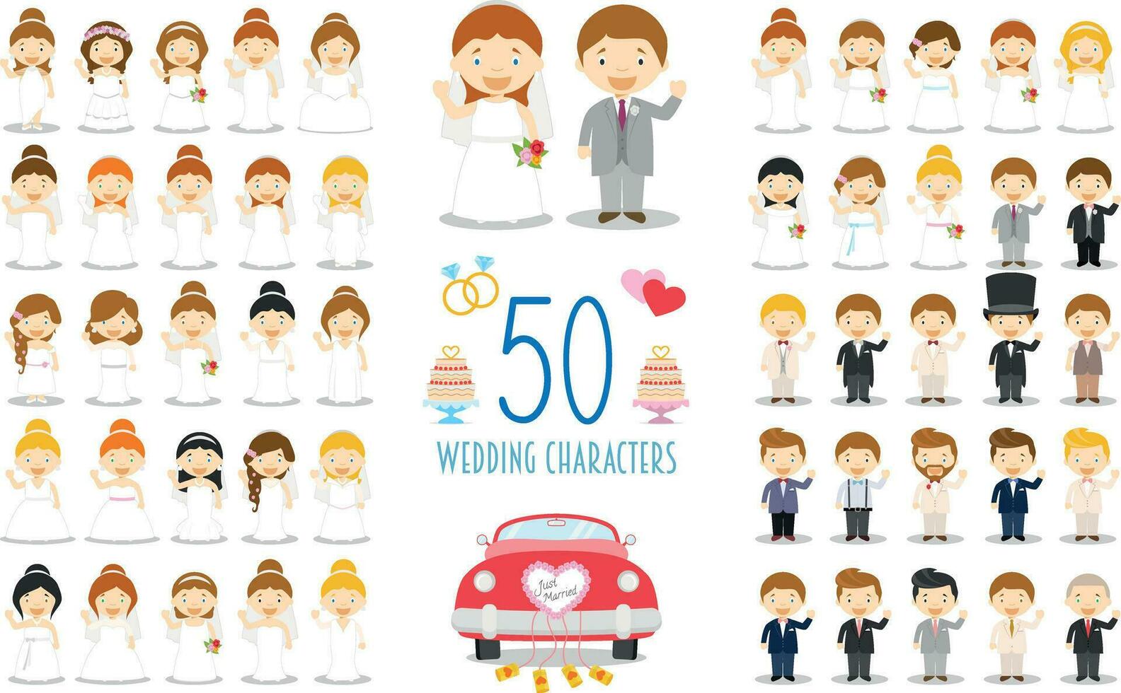 impostato di 50 nozze personaggi e nuziale icone nel cartone animato stile vettore