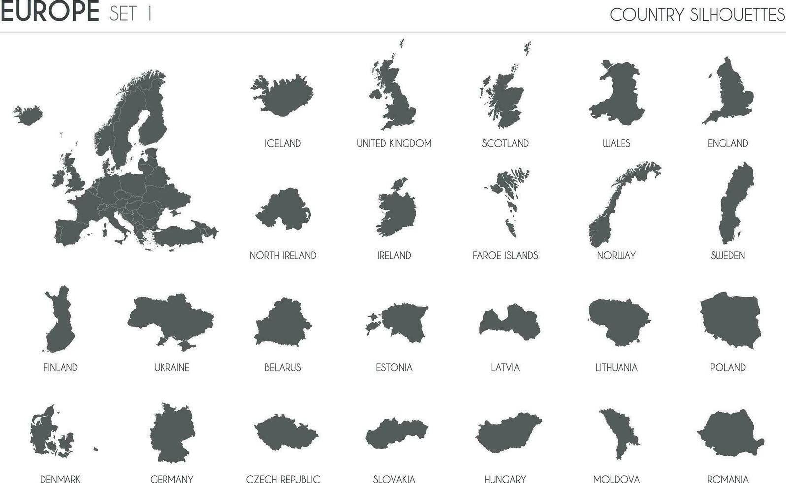 impostato di 24 alto dettagliato silhouette mappe di europeo paesi e territori, e carta geografica di Europa vettore illustrazione.