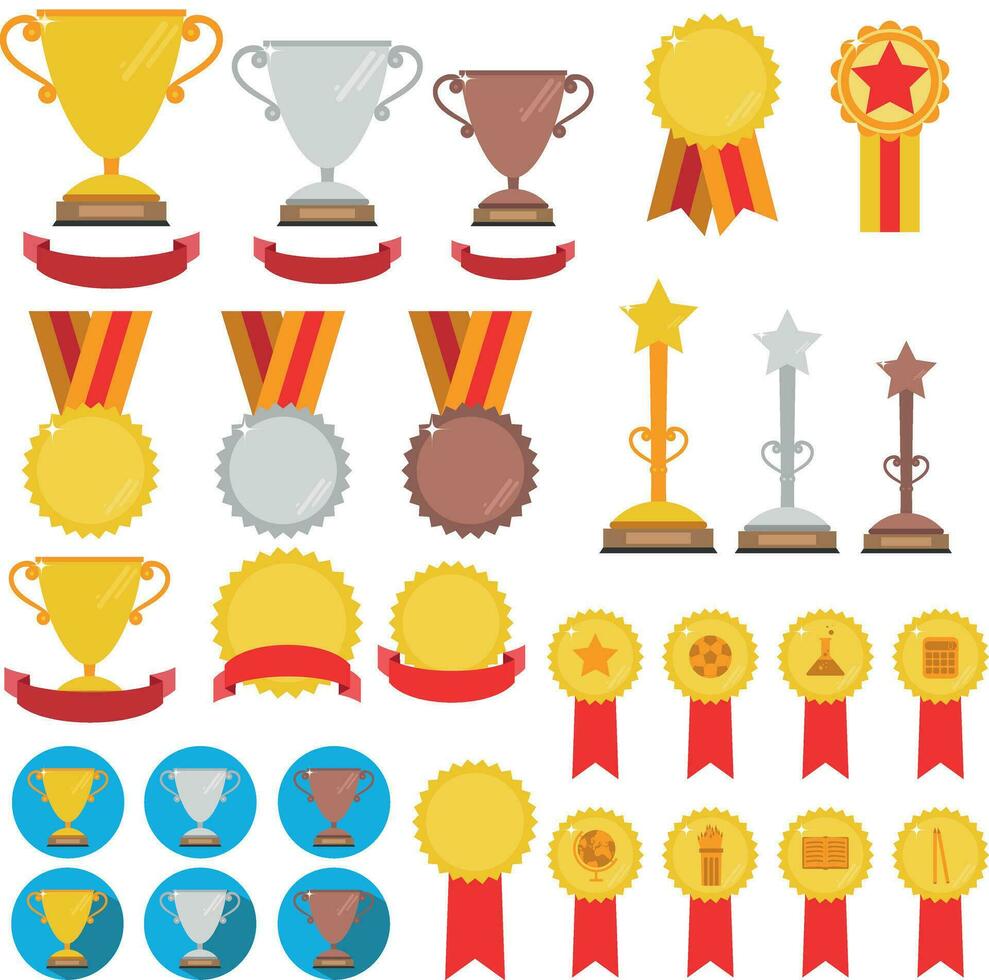 impostato di trofei, medaglie, icone e nastri per vincitori nel concorsi vettore
