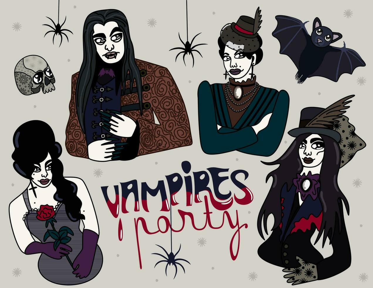 vampiri festa. quattro vampiri, cranio, pipistrello e ragni. vettore illustrazione con scritta.