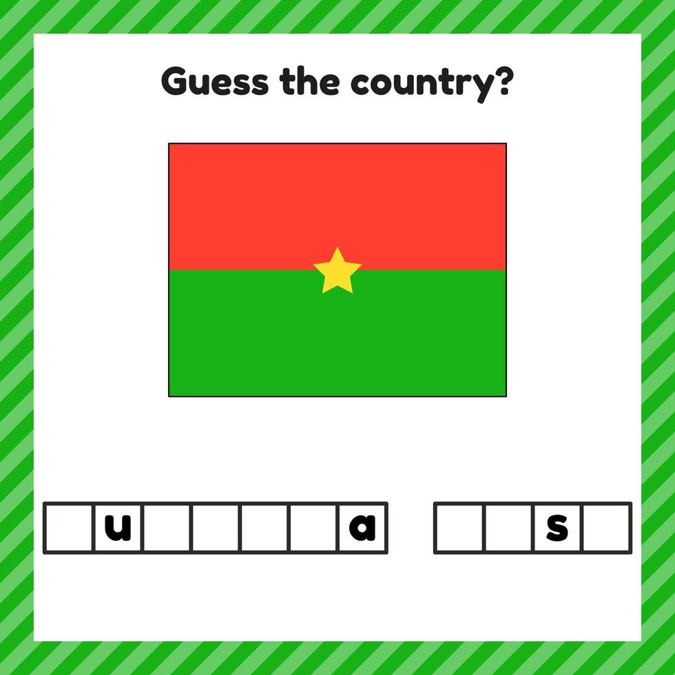 foglio di lavoro sulla geografia per bambini in età prescolare e scolastica cruciverba bandiera del burkina faso indovina il paese vettore