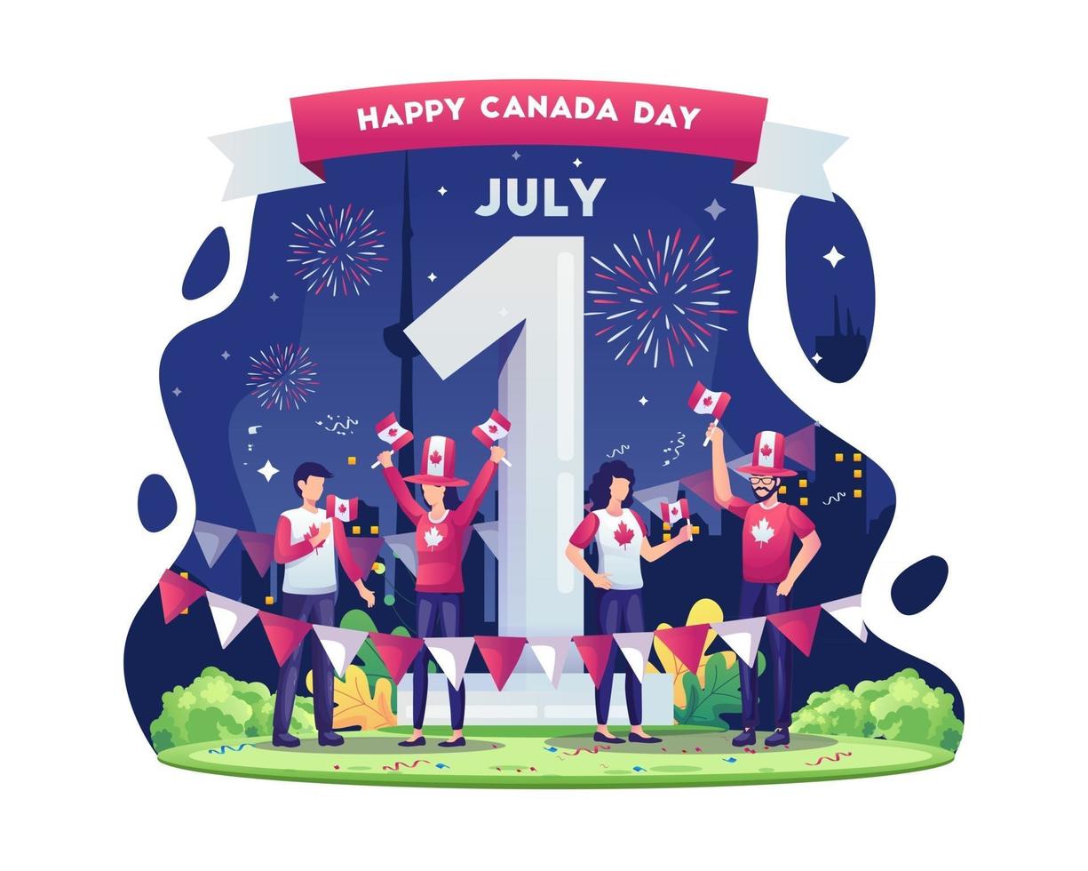 la gente celebra la giornata nazionale del canada il 1 ° luglio con i fuochi d'artificio giganti numero uno e l'illustrazione delle bandiere vettore