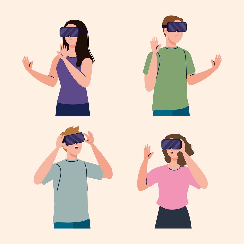 gruppo di quattro giovani che utilizzano la tecnologia delle maschere virtuali di realtà vettore