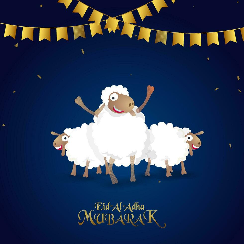 Eid-al-Adha mubarak saluto carta o manifesto design con allegro tre pecora personaggi e zigoli decorato su lucido blu sfondo. vettore