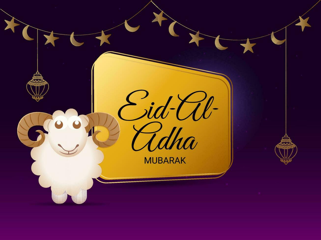 Eid-al-Adha mubarak concetto con sorridente cartone animato pecora, sospeso lampade, stelle, mezzaluna Luna decorato su d'oro e viola sfondo. vettore