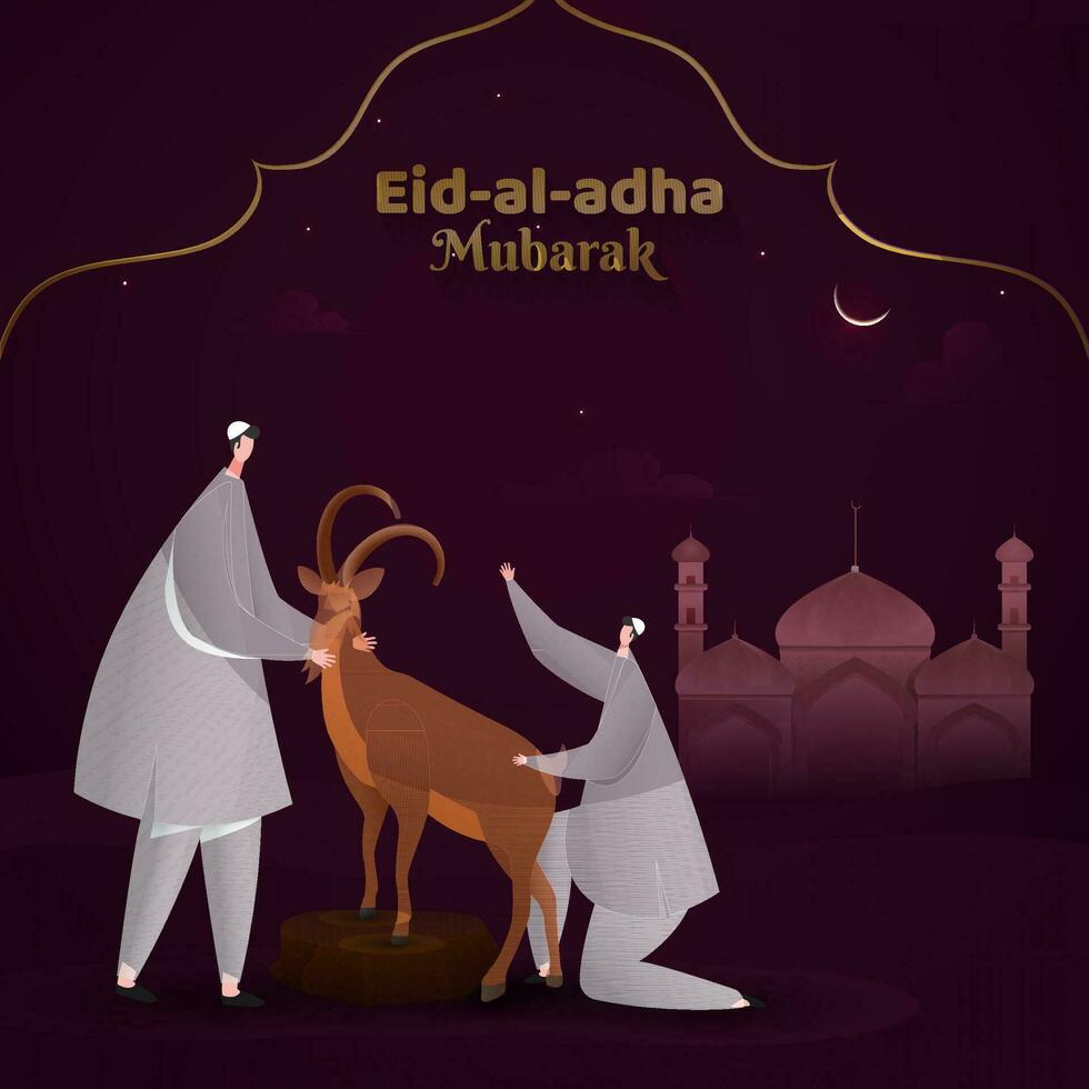 cartone animato personaggio di Due musulmano uomini Tenere capra nel davanti di moschea su mezzaluna Luna buio viola sfondo per eid ald adha mubarak Festival di sacrificio concetto. vettore