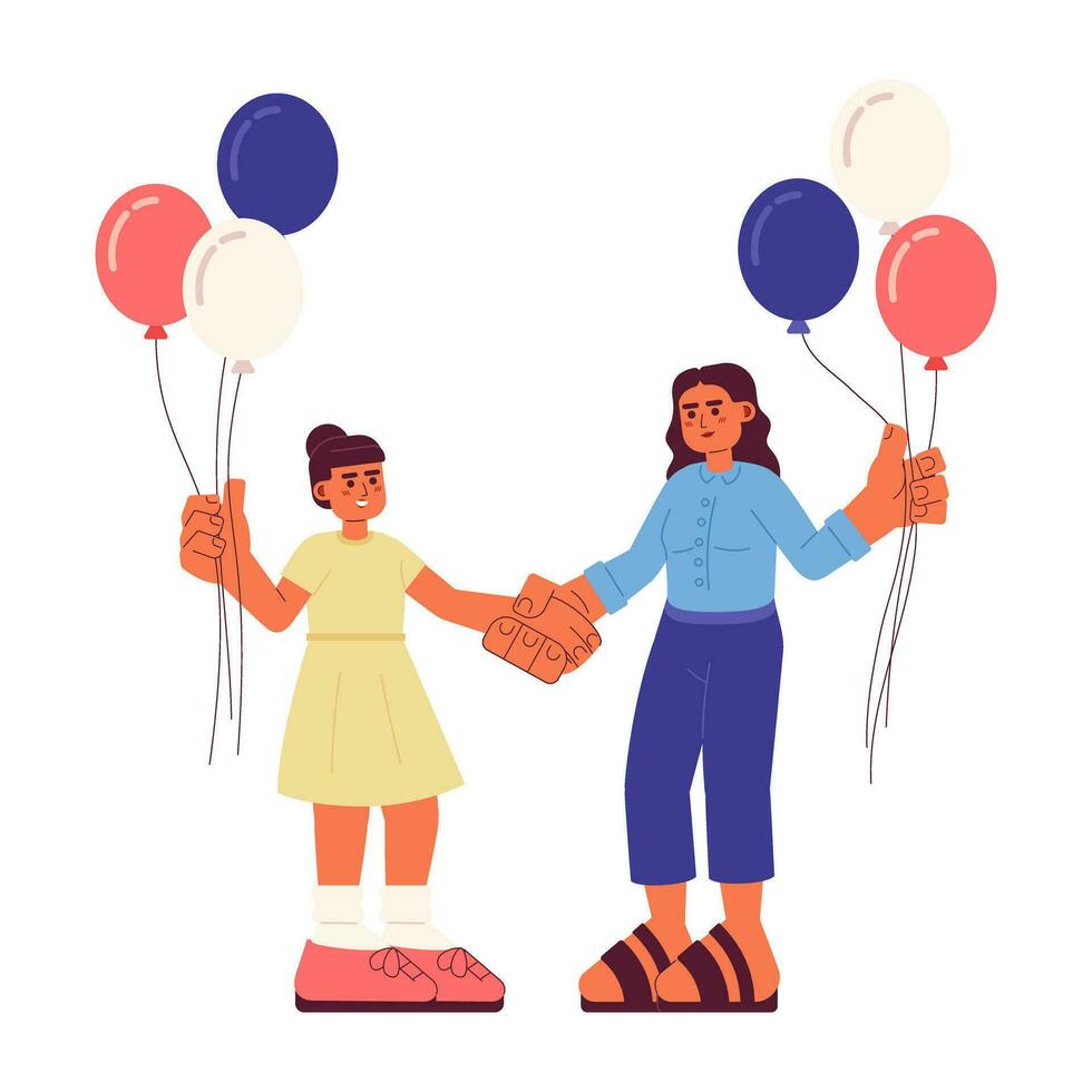 madre e figlia con patriottico palloncini piatto vettore individuare illustrazione. arabo famiglia 2d cartone animato personaggi su bianca per ragnatela ui design. 4 ° indipendenza giorno isolato modificabile creativo eroe Immagine