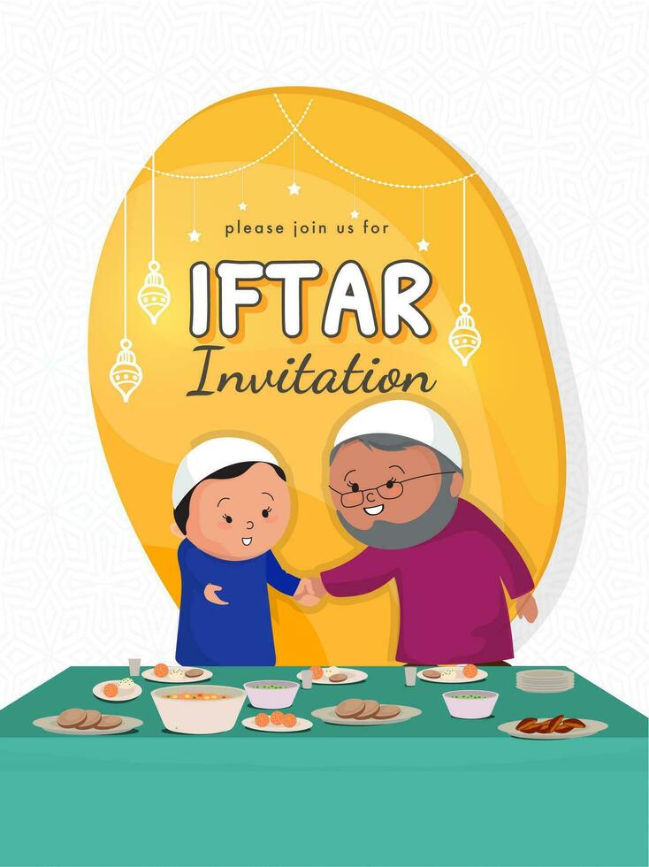 uomo invitante poco ragazzo per iftar festa celebrazione. vettore