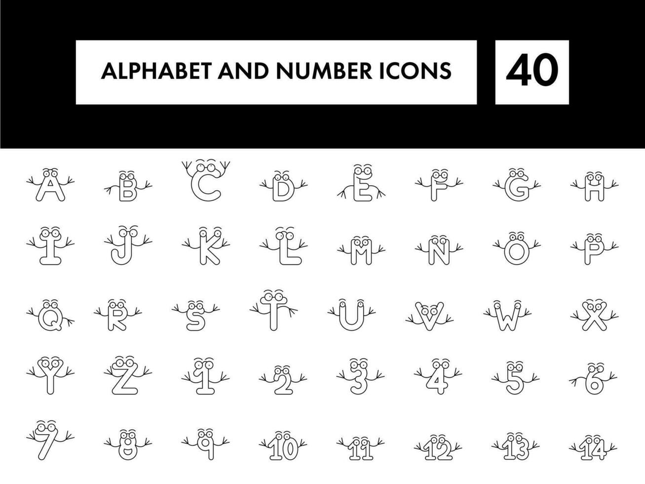 impostato di cartone animato divertente alfabeto e numeri icona nel magro linea arte. vettore