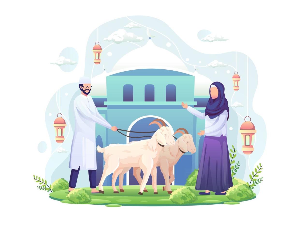 la coppia celebra eid al adha donando due capre per qurban eid al adha mubarak illustrazione vettoriale
