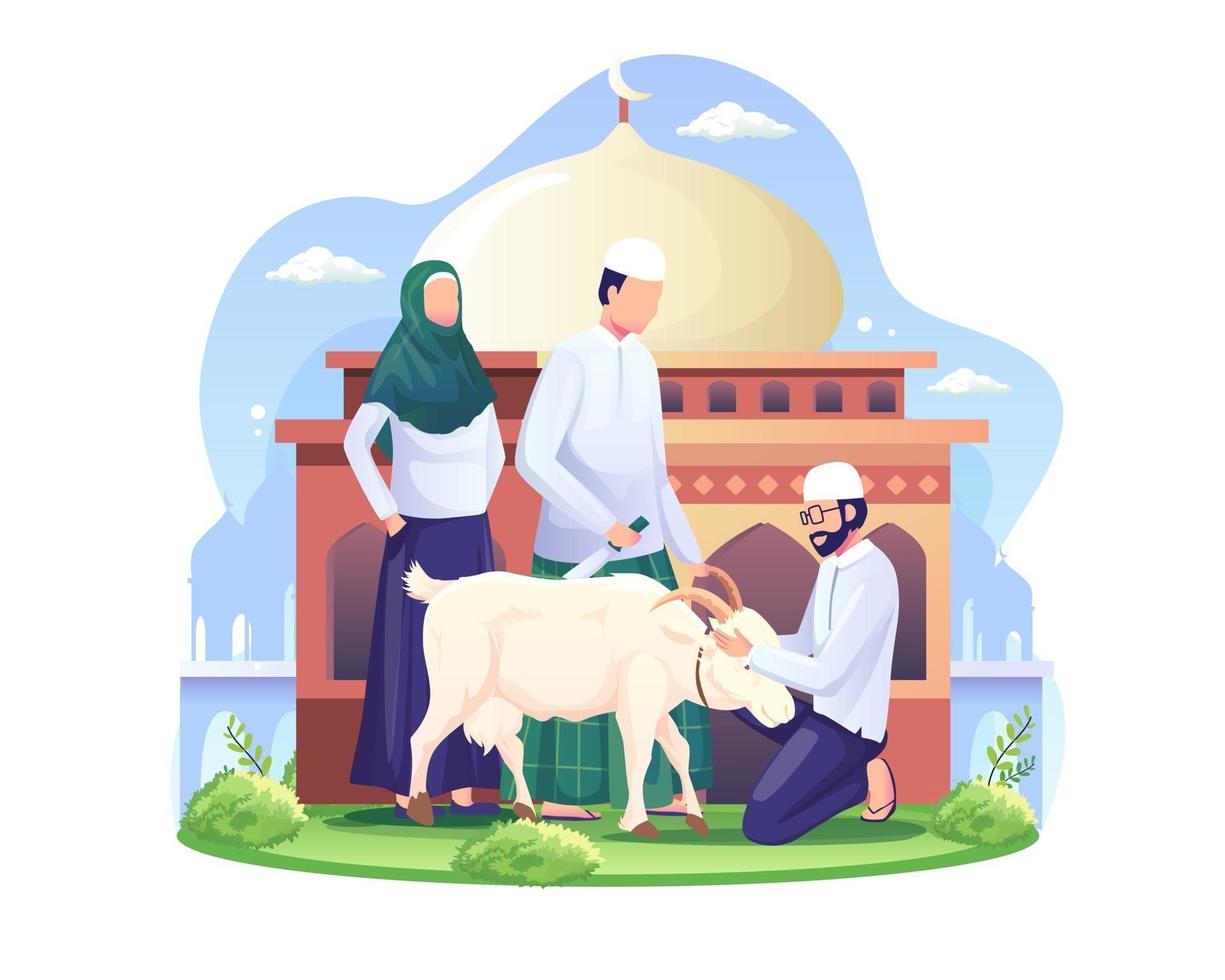 le persone stanno sacrificando capre o qurban su eid al adha felice eid al adha mubarak illustrazione vettoriale