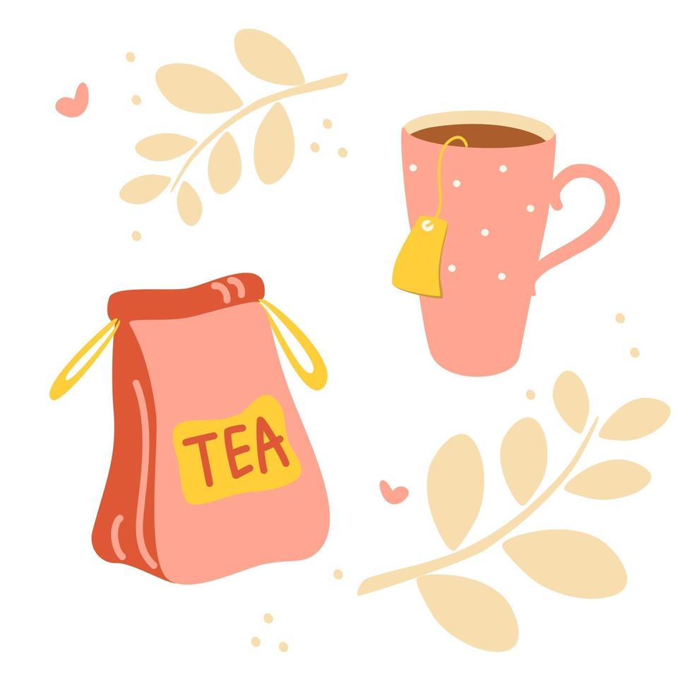 tazza di tè del fumetto e borsa per logo, caffetteria, menu, banner, volantino in stile doodle disegnato a mano vettore