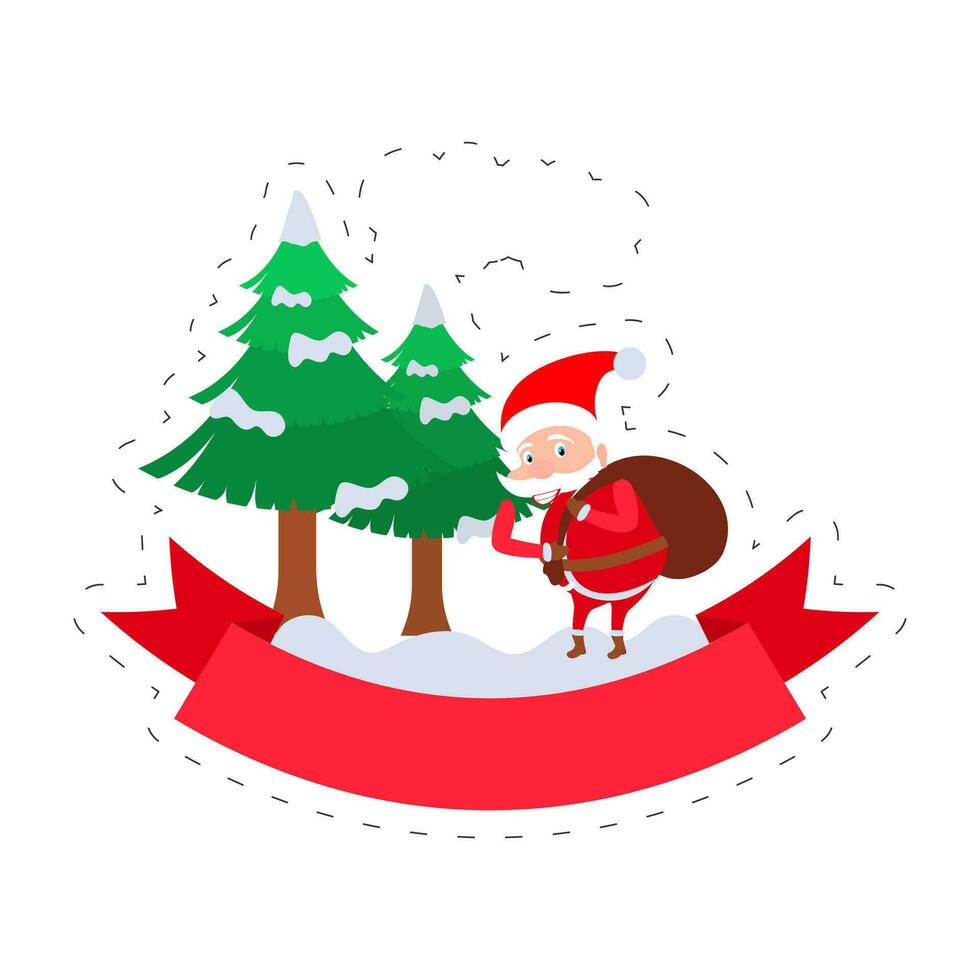 allegro Natale celebrazione concetto con Santa Claus sollevamento un' pesante Borsa e nevoso natale alberi su bianca sfondo. vettore