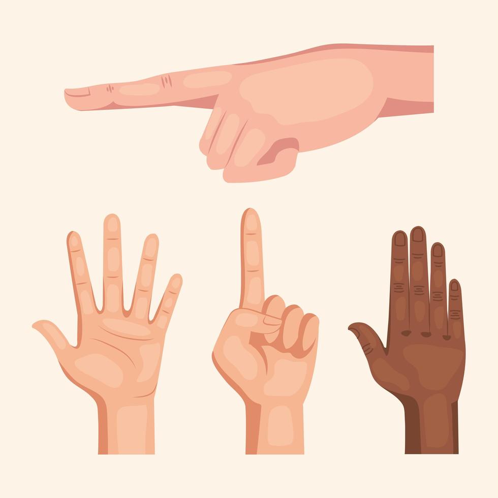 quattro mani interrazziali gli esseri umani segnalano le icone vettore