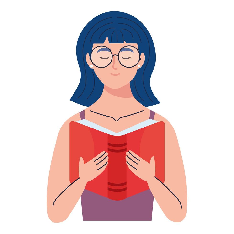 donna che indossa occhiali da vista leggendo il carattere del libro di testo vettore