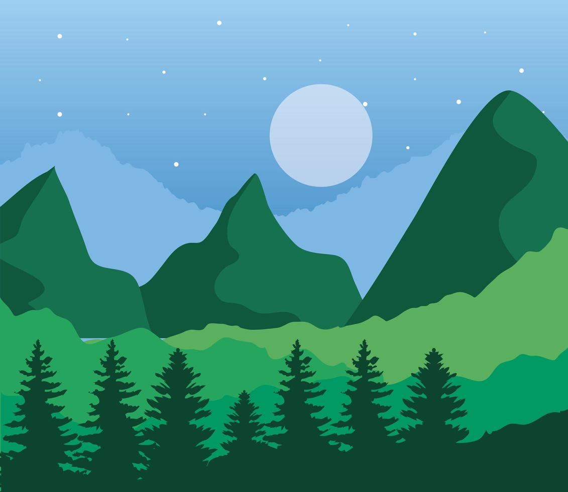 paesaggio di montagne e luna su sfondo verde disegno vettoriale
