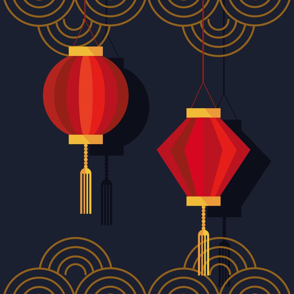 lampade cinesi pendenti e icone di decorazione di pizzi dorati vettore