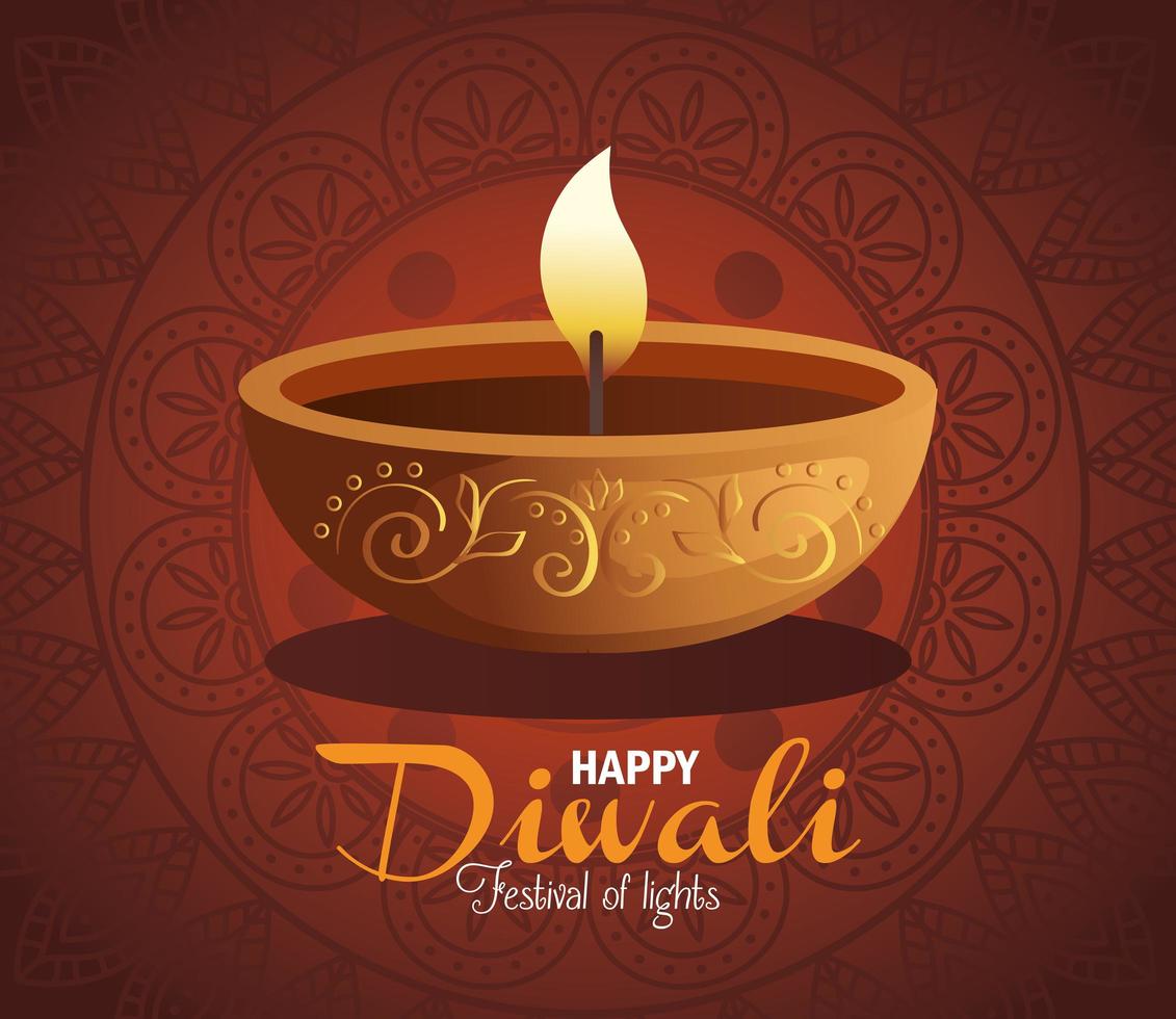 felice diwali diya candela con mandala su sfondo rosso disegno vettoriale